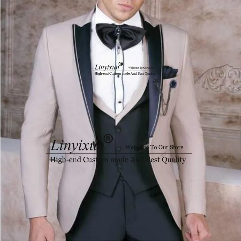New Groomsmen Peak Satin Lapel Groom Tuxedos Beige+Black Men Suits Wedding Best Man ( Jacket+Pants+Vest ) costume homme
New Groomsmen Peak Satin Lapel Groom Tuxedos Beige+Black Men Suits Wedding Best Man ( Jacket+Pants+Vest ) costume homme