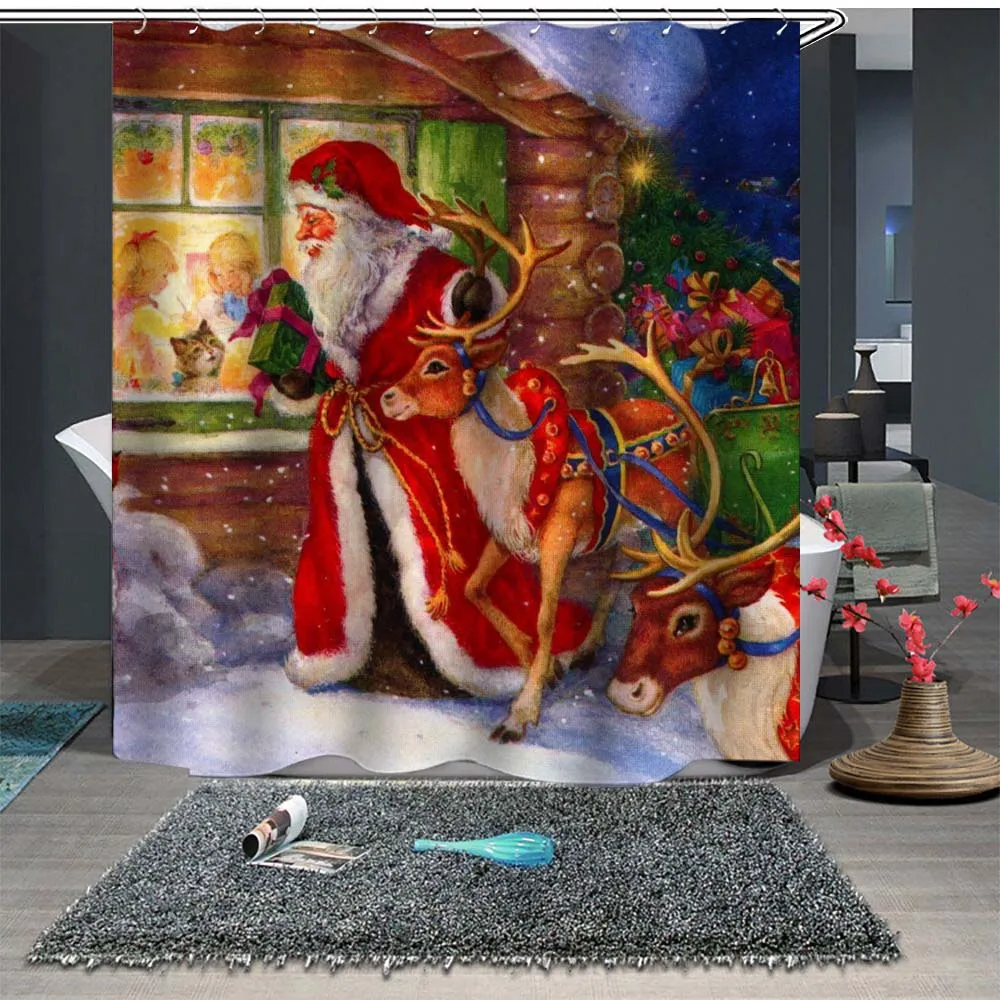 

Выполненная на заказ душевая занавеска для ванной комнаты 1,5x1,8 м 1,8x1,8 м 1,8x 2 м Водонепроницаемая занавеска Санта-Клаус Рождественский подарок