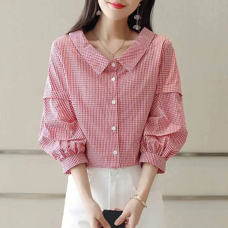 2021 Ladies Plaid Loose Shirts Women V-Neck Print Lantern Sleeve Cotton Blouse Female Three Quarter Casual Blouses Tops L276
2021 Ladies Plaid Loose Shirts Women V-Neck Print Lantern Sleeve Cotton Blouse Female Three Quarter Casual Blouses Tops L276