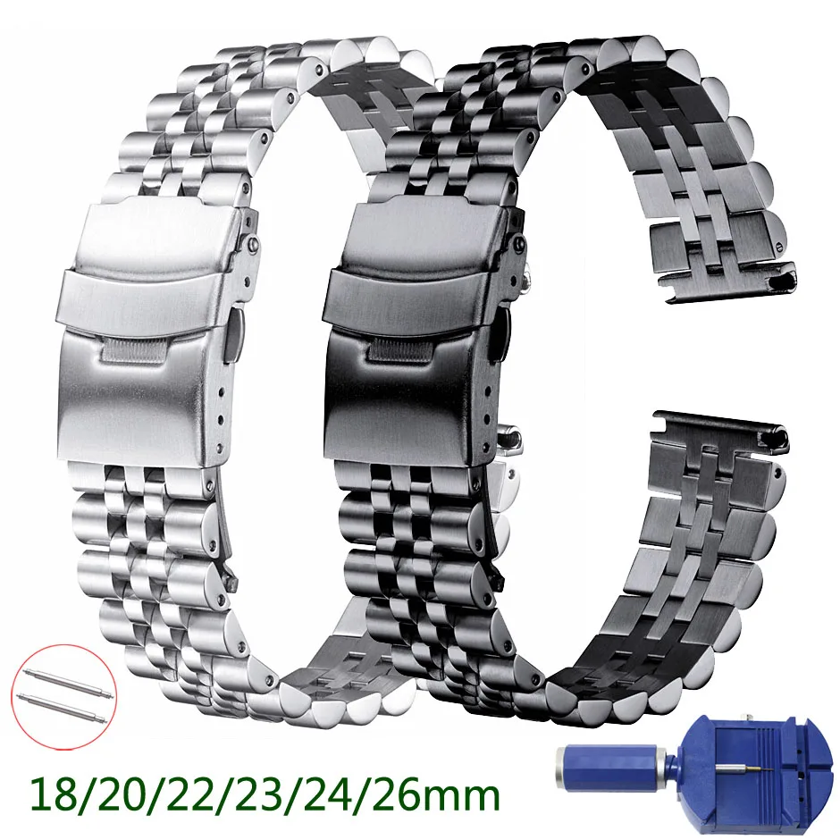 

Silk Glossy 5Rows Stainless Steel Watch Band 18mm 20mm 22mm 23mm 24mm 26mm Watch Strap Double Lock Buckle Replacement Wristband