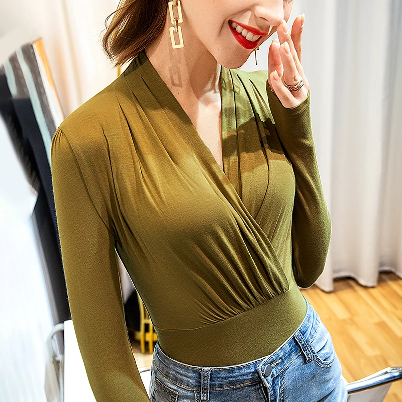 Female Crossed Deep V-neck Tshirts Women Long Sleeve Soft Folds Tees Female Pleated Black T Shirt Elegant Top
Female Crossed Deep V-neck Tshirts Women Long Sleeve Soft Folds Tees Female Pleated Black T Shirt Elegant Top