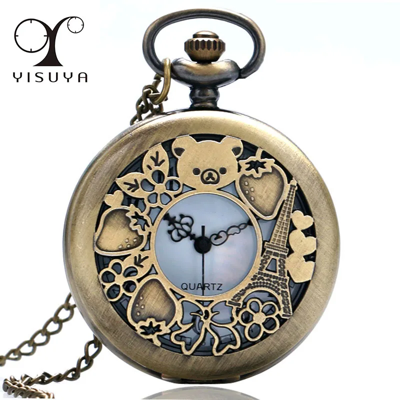 

Cute Hollow Rilakkuma Paris Eiffel Tower Pattern Vinatge Pocket Watch with Necklace Chain Quartz Movement Reloj De Bolsillo
