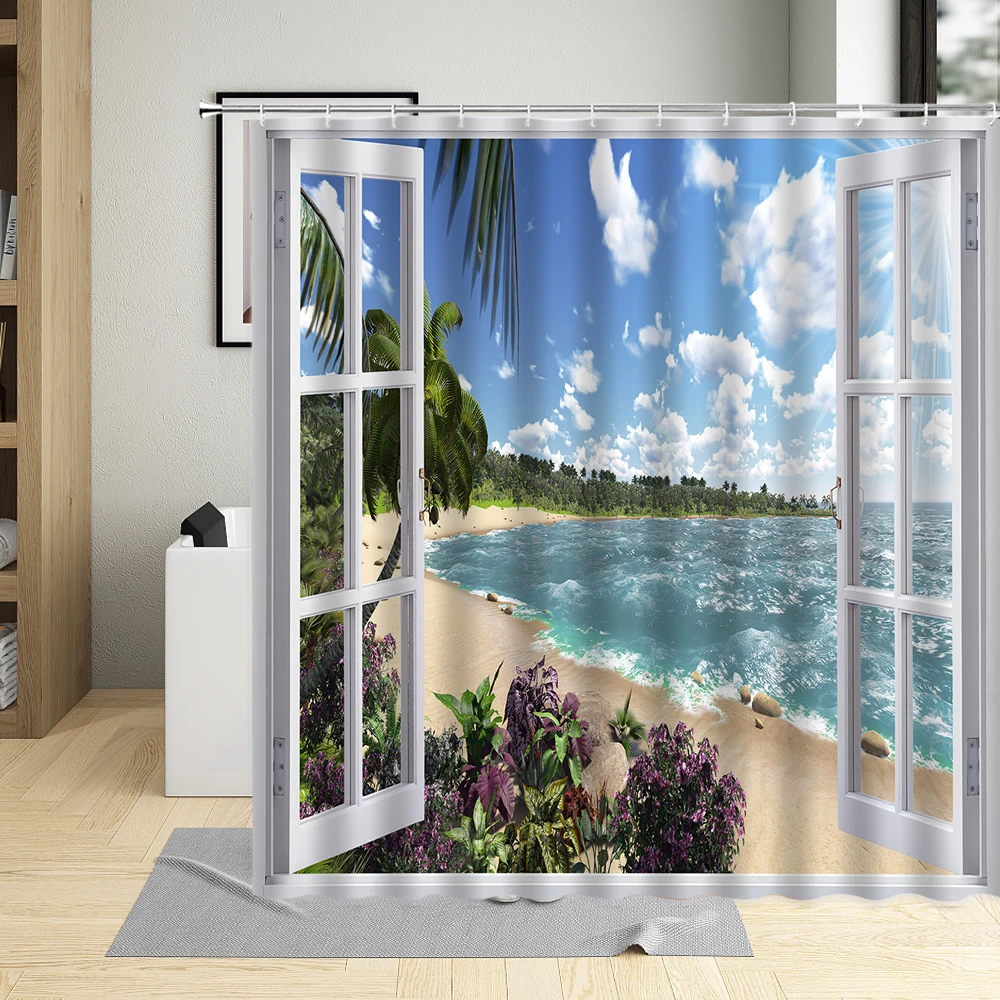 

3D Window View Shower Curtain The Sea Coconut Tree Flowers Waterfall Bathroom Home With Hook Waterproof Washable Suit Decorative