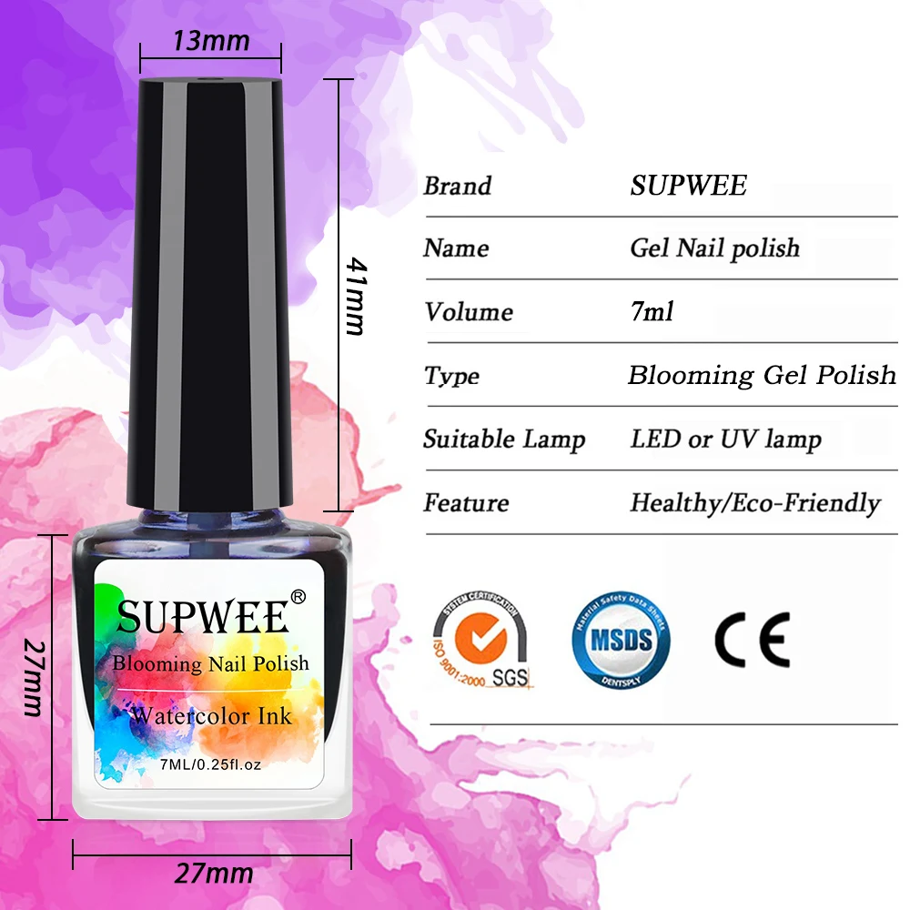 Supwee 7ml Blooming Nail Gel Watercolor InK Gel Polish Blossom Effect Soke Off Transparent Color Smoke Flower Nails For Design
Supwee 7ml Blooming Nail Gel Watercolor InK Gel Polish Blossom Effect Soke Off Transparent Color Smoke Flower Nails For Design
