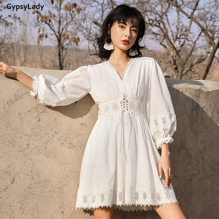 

GypsyLady 100% Cotton Whtie Vintage Mini Dress Summer Holiday Dresses Short Sleeve Ruffles Lace Sheer Sexy Causal Ladies Dress