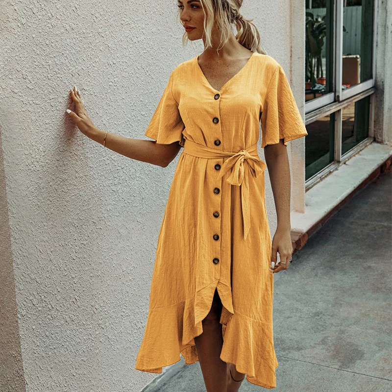 Summer Solid Lace Up Dress Women Casual Single Breasted V Neck High Waist Short Sleeve Button Dress 2021 New
Summer Solid Lace Up Dress Women Casual Single Breasted V Neck High Waist Short Sleeve Button Dress 2021 New