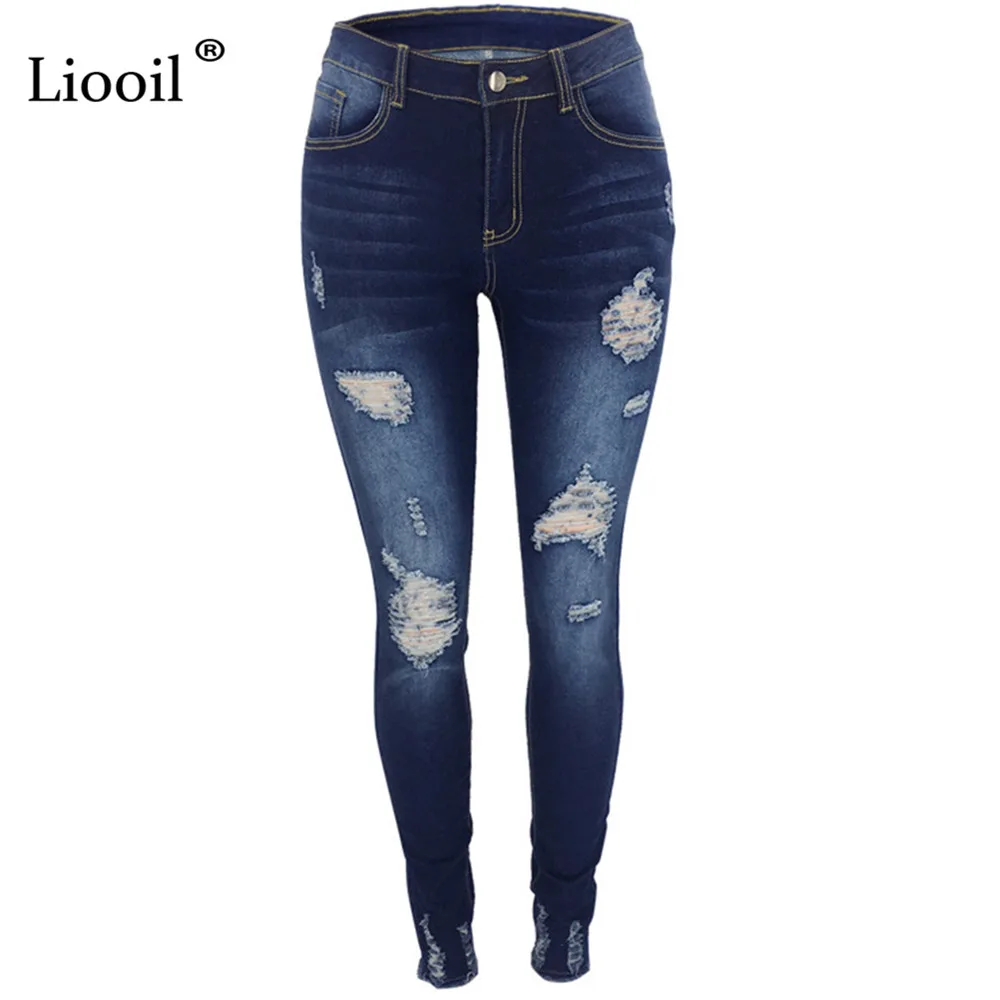 

Liooil Blue Skinny Ripped Jeans With Pockets 2021 Streetwear High Waist Hole Jean Trouser Women Wash Distressed Sexy Denim Pants