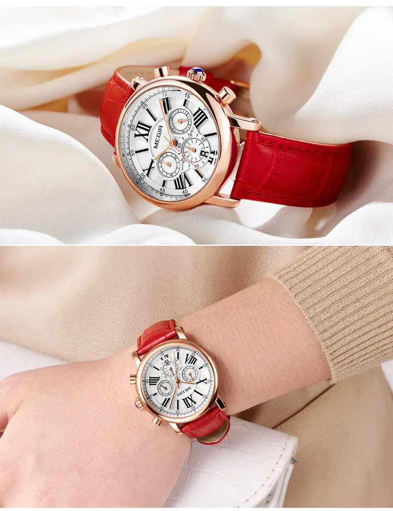 MEGIR женские наручные часы для влюбленных Топ люксовый бренд Хронограф Дата в