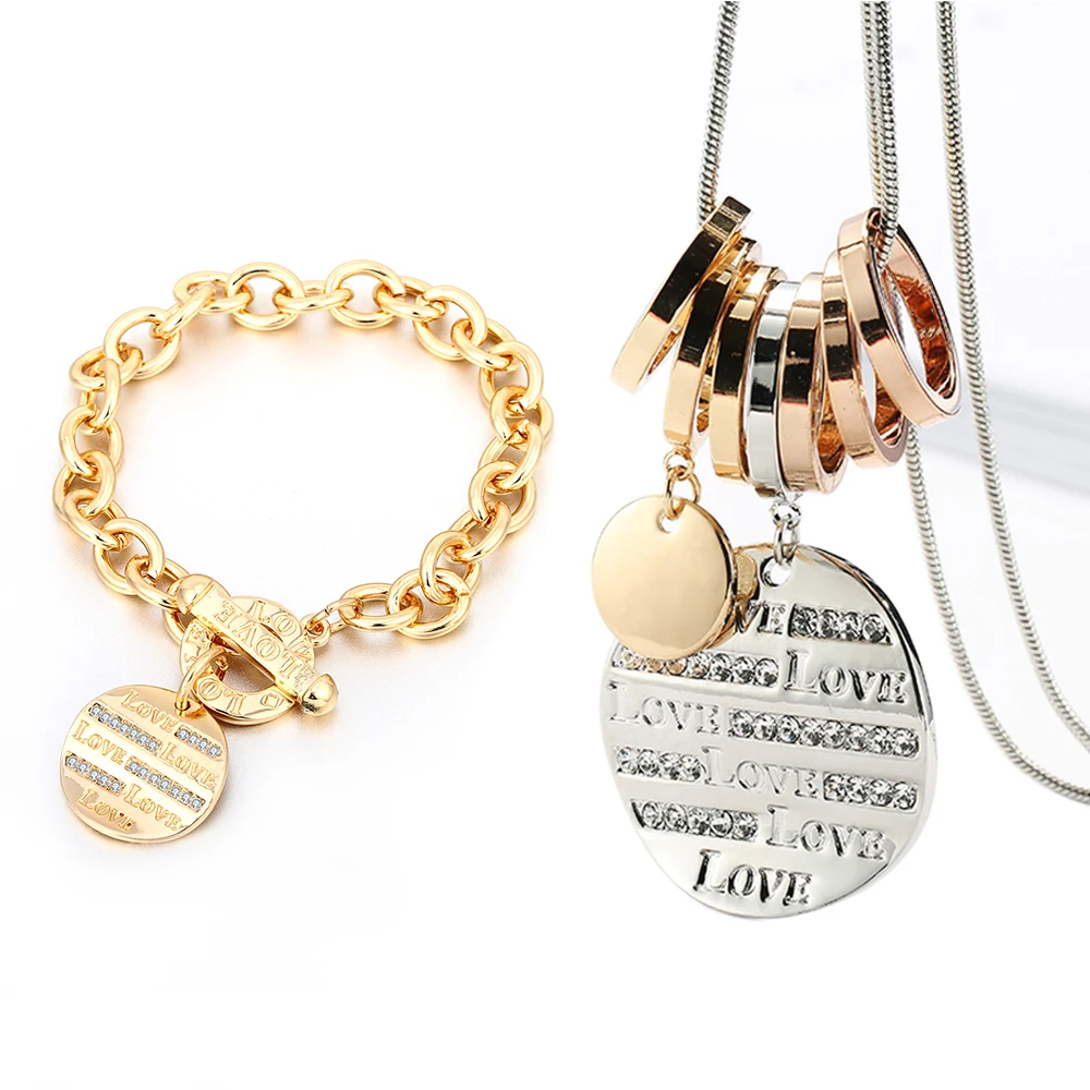New Fashion Jewelry Sets For Women Gold Sliver LOVE Lettering Geometric Round Charm Bracelet Circles Pendants Long Necklace 2019
New Fashion Jewelry Sets For Women Gold Sliver LOVE Lettering Geometric Round Charm Bracelet Circles Pendants Long Necklace 2019