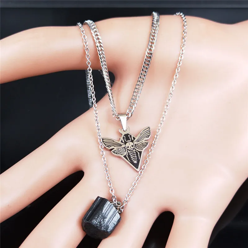 AFAWA Gothic Skull Moth Stainless Steel Layered Necklace Women Black Color Natural Stone Statement Jewelry N3753S02 | Украшения и