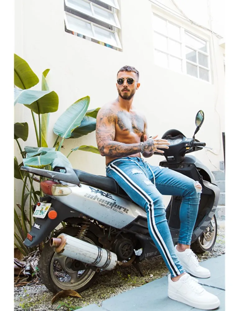 Men's Mid Waist Lace-up Jeans Skinny Ripped Jeans Side Stripes Pencil PANTS Hip Hop Jogging Denim Trousers Male
Men's Mid Waist Lace-up Jeans Skinny Ripped Jeans Side Stripes Pencil PANTS Hip Hop Jogging Denim Trousers Male
