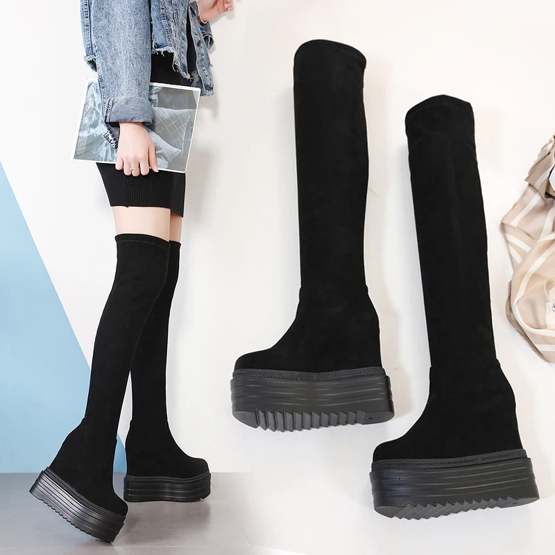 14cm autumn and winter new boots women's slope with inner heightening stovepipe stretch boots wild high-heeled platform 
14cm autumn and winter new boots women's slope with inner heightening stovepipe stretch boots wild high-heeled platform