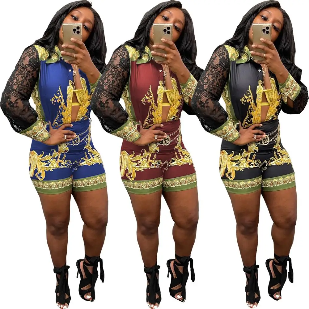 Occident High Waist European Women's Urban Fashion Print Lace Stitching Long Sleeve Shorts Suit L0360
Occident High Waist European Women's Urban Fashion Print Lace Stitching Long Sleeve Shorts Suit L0360
