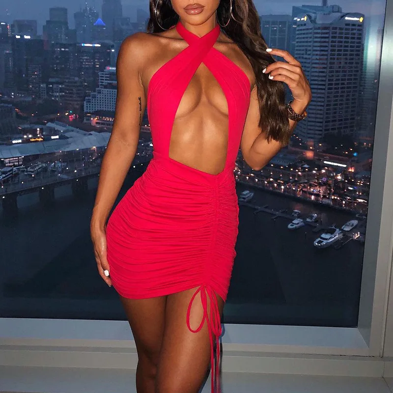 2021 Women Drawstring Halter Neck Dress Ruched Bandage One Piece Dress Sexy Club Night Birthday Outfit Skinny Mini Summer Dress 
2021 Women Drawstring Halter Neck Dress Ruched Bandage One Piece Dress Sexy Club Night Birthday Outfit Skinny Mini Summer Dress