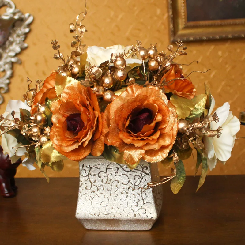 

Набор из европейской керамической вазы и искусственных цветов, украшения для стола для гостиной, Шелковый Искусственный цветок фигурок, ре...