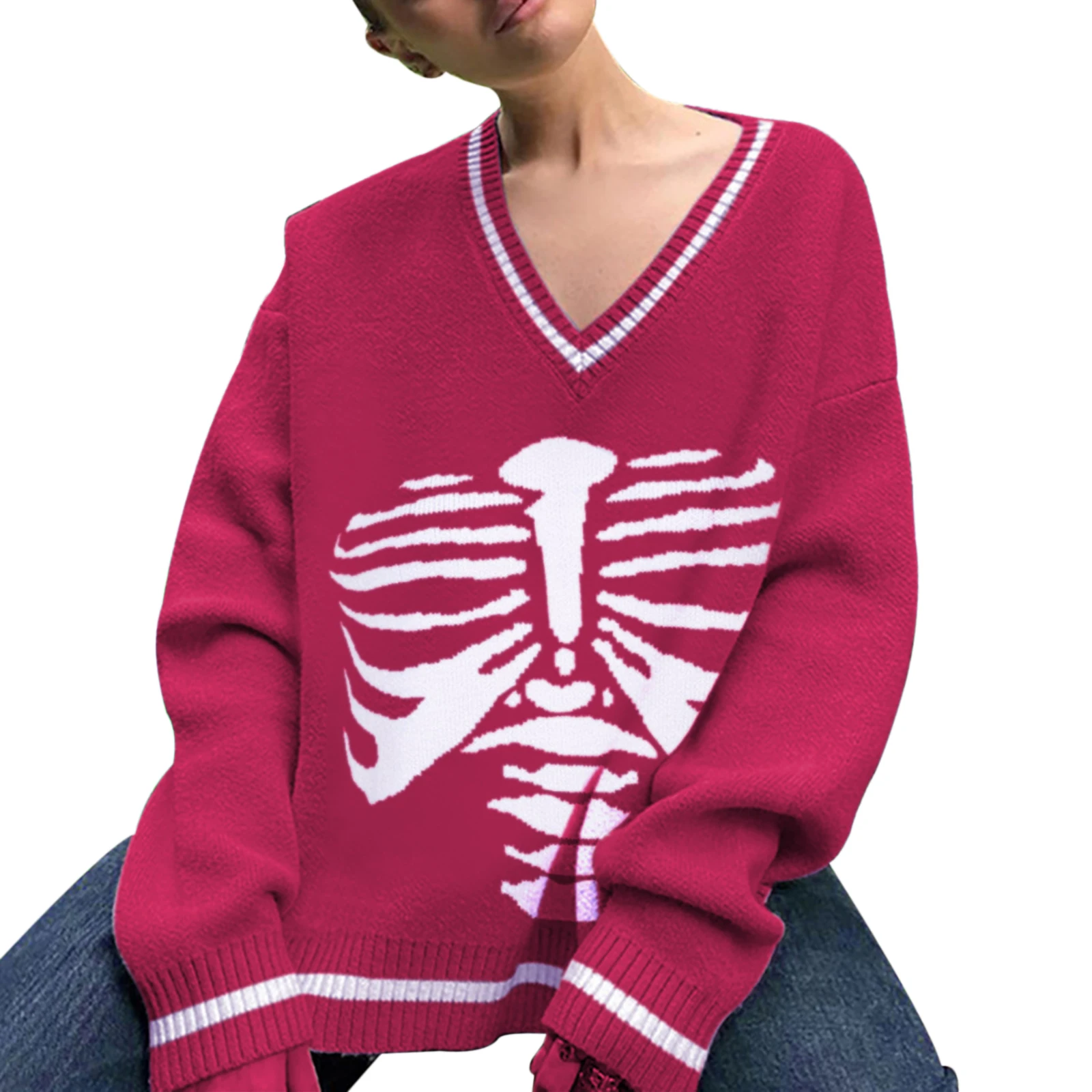 Y2K Women's V Halloween Skull Neck Sweaters Classic Long Sleeve Skeleton Print Loose Fit Knitted Tops
Y2K Women's V Halloween Skull Neck Sweaters Classic Long Sleeve Skeleton Print Loose Fit Knitted Tops