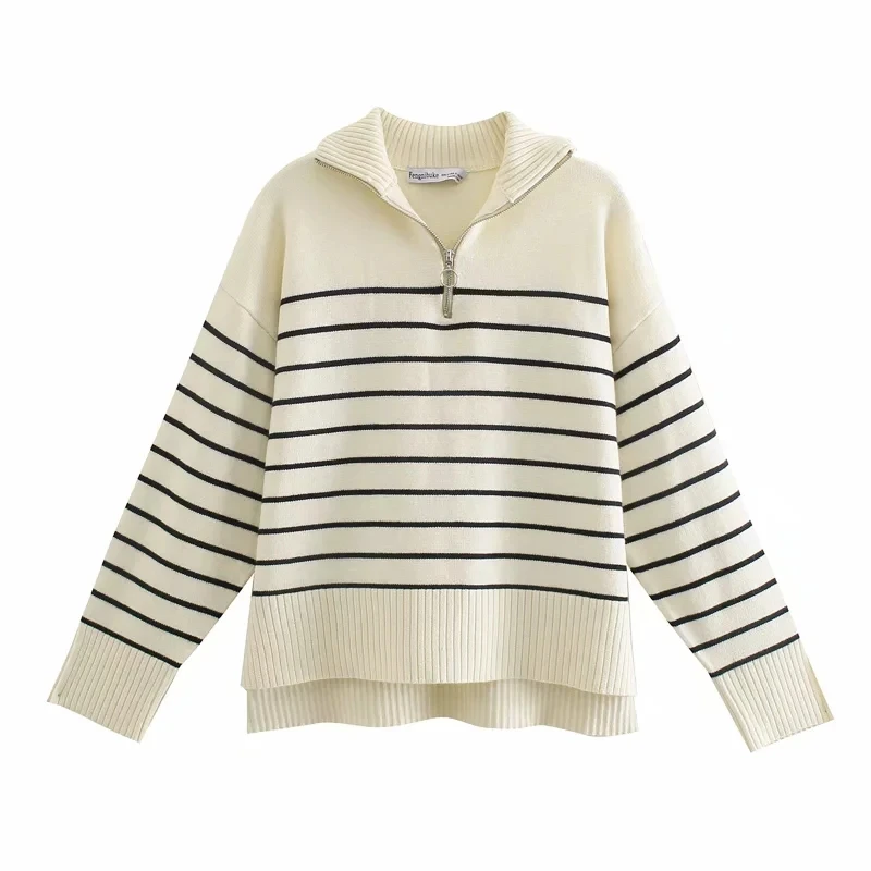 Sweaters Women 2021 Fashion Stripe Loose Zipper Knitting Sweaters Vintage Long Sleeve Asymmetry Female Pullover Tops
Sweaters Women 2021 Fashion Stripe Loose Zipper Knitting Sweaters Vintage Long Sleeve Asymmetry Female Pullover Tops