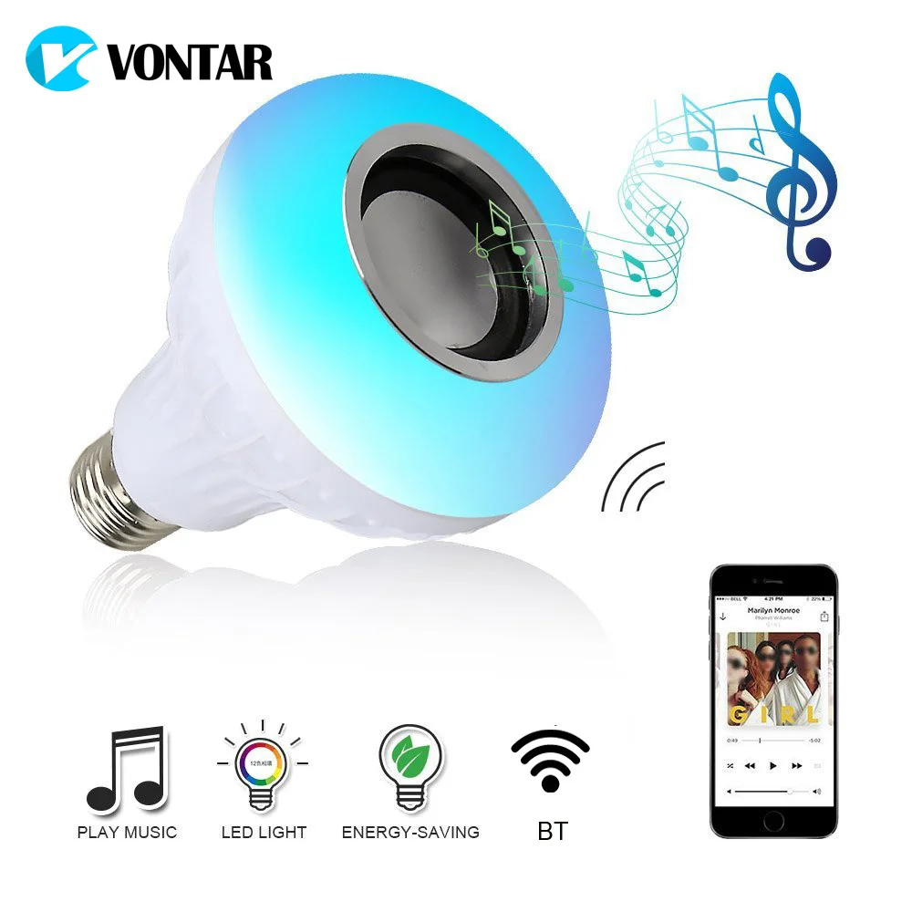 VONTAR E27 B22 Wireless BT Speaker+12W RGB Bulb LED Lamp 110V 220V Smart Led Light Music Player Audio with Remote Control
VONTAR E27 B22 Wireless BT Speaker+12W RGB Bulb LED Lamp 110V 220V Smart Led Light Music Player Audio with Remote Control