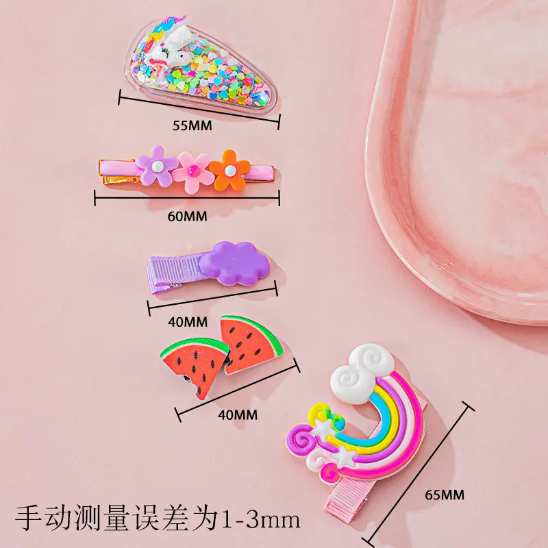 5PCS Set Baby Quicksand Cartoon Rainbow Fruit Colorful Hairpin Children Sweet Hair Clips Lovely Headband Kids Hair Accessories
5PCS Set Baby Quicksand Cartoon Rainbow Fruit Colorful Hairpin Children Sweet Hair Clips Lovely Headband Kids Hair Accessories