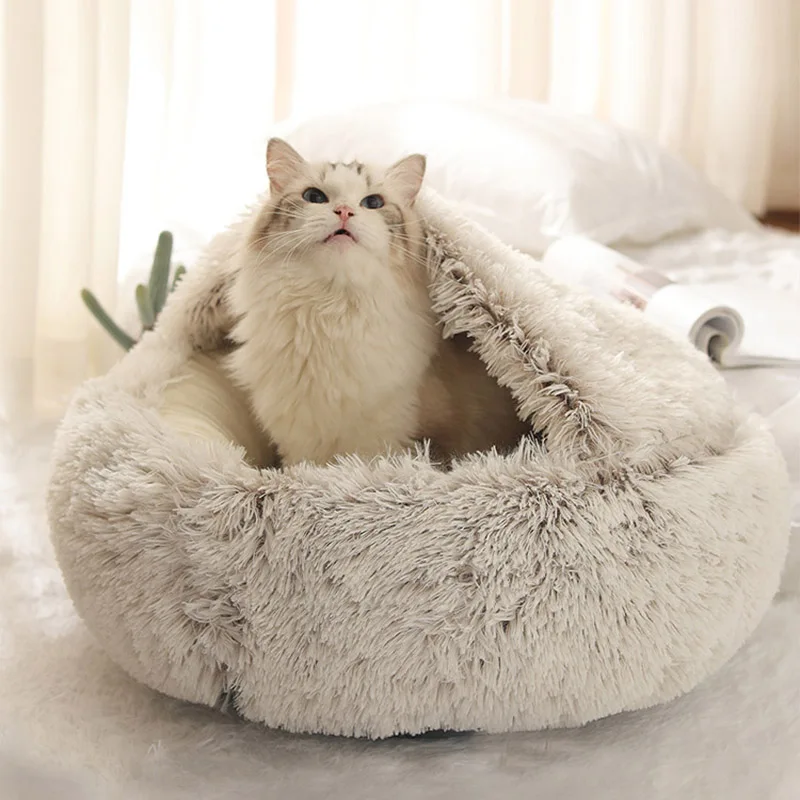 

2 в 1 кошка кровать для питомца кота собаки кровать круглые плюшевые кошка теплая кровать домик мягкий удлиненный плюш маленьких собак кошек...