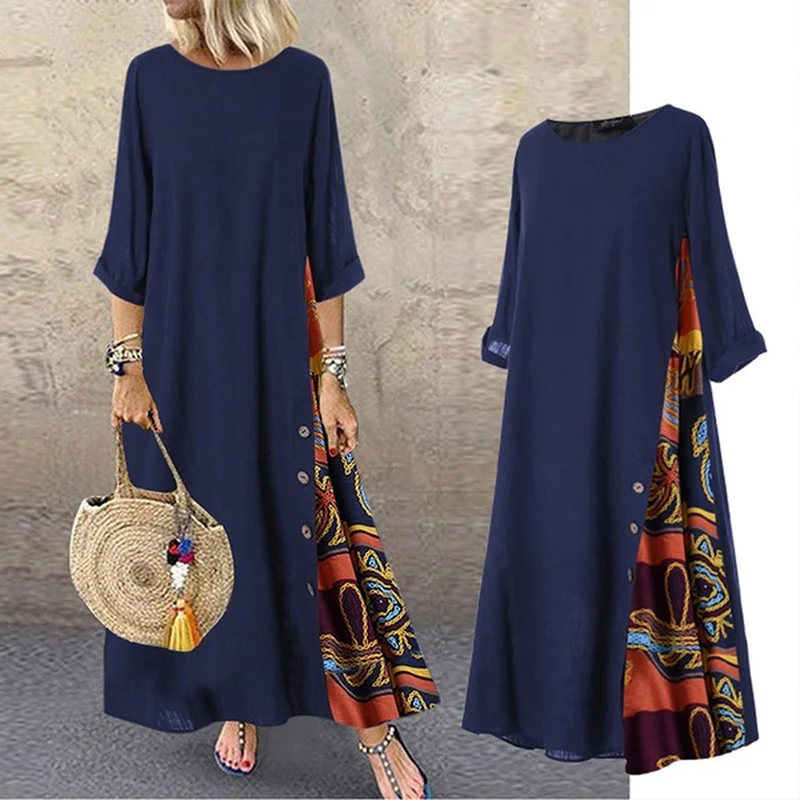 Women Vintage Maxi Dress 3/4 Sleeve Side Buttons Solid Stitching Printed Dress Summer Autumn Plus Size Loose Casual Long Dress
Women Vintage Maxi Dress 3/4 Sleeve Side Buttons Solid Stitching Printed Dress Summer Autumn Plus Size Loose Casual Long Dress