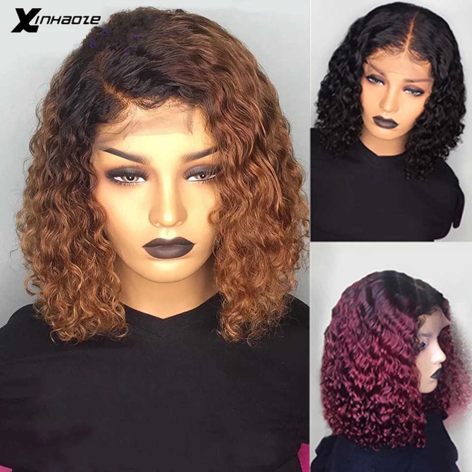 

1B/99J Burgundy Red Ombre Short Human Hair Wigs Pre Plucked Curly Blonde Lace Front Bob Wig 150 Density 13x4 Brazilian Remy Wig