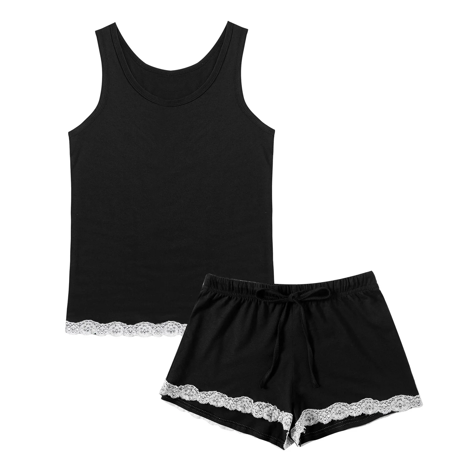 Ladies Lace Trim Pyjamas Women Sleepwear Lingerie Nightwear Homewear Summer Sleeveless Sleep Tops with Drawstring Shorts Set Pjs
Ladies Lace Trim Pyjamas Women Sleepwear Lingerie Nightwear Homewear Summer Sleeveless Sleep Tops with Drawstring Shorts Set Pjs