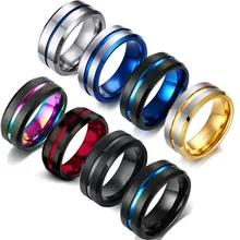 FDLK Fashion 8MM Mens Stainless Steel Rings Colorful Groove Beveled Edge Wedding Engagement Ring Mens Anniversary Jewelry