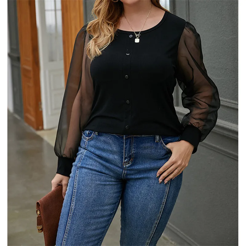 Autumn Women Long Sleeve Plus Size O Neck Botton Blouse Spring Female Mesh Patchwork Elastic Tops Office Lady Knitted Fashion
Autumn Women Long Sleeve Plus Size O Neck Botton Blouse Spring Female Mesh Patchwork Elastic Tops Office Lady Knitted Fashion