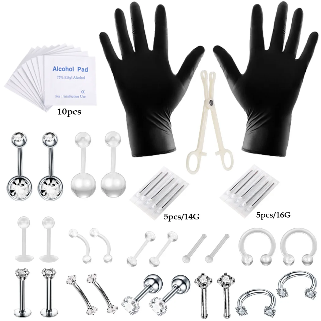 47pcs/set 14/16G Tongue Eyebrow Nose Belly Button Body Jewelry Piercing Rings Ear Plug Prong Studs Clamp Gloves Needles Tool Kit
47pcs/set 14/16G Tongue Eyebrow Nose Belly Button Body Jewelry Piercing Rings Ear Plug Prong Studs Clamp Gloves Needles Tool Kit