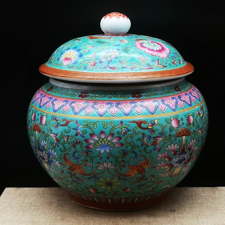 

Qianlong's year Enamel Full Work Lotus Pattern Tea Jar Pot Antique Porcelain antique Collection Tea Ceremony Ornaments