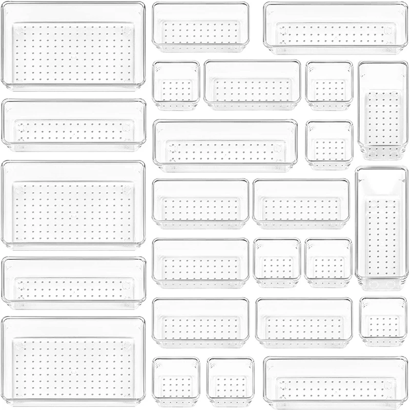 25 PCS Clear Plastic Drawer Organizers Set,4-Size Versatile Bathroom and Vanity Drawer Organizer Trays,for Makeup,Office 
25 PCS Clear Plastic Drawer Organizers Set,4-Size Versatile Bathroom and Vanity Drawer Organizer Trays,for Makeup,Office