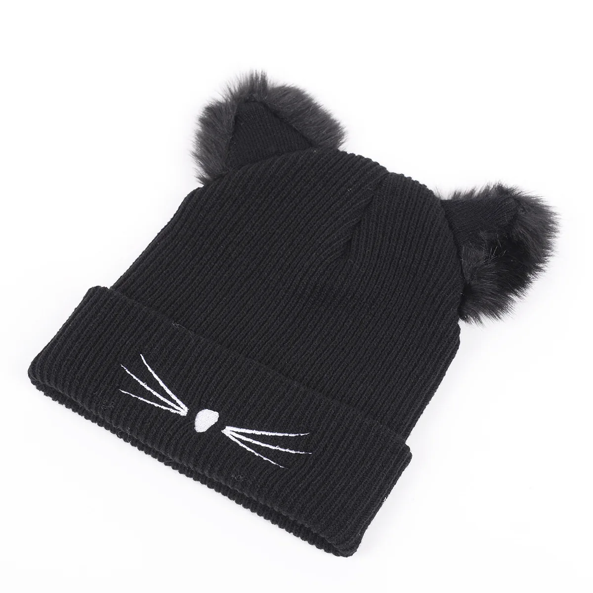 Black Rib Knit Cat Ear Hats for Women Winter Beanies High Fashion Daily Wear | Аксессуары для одежды