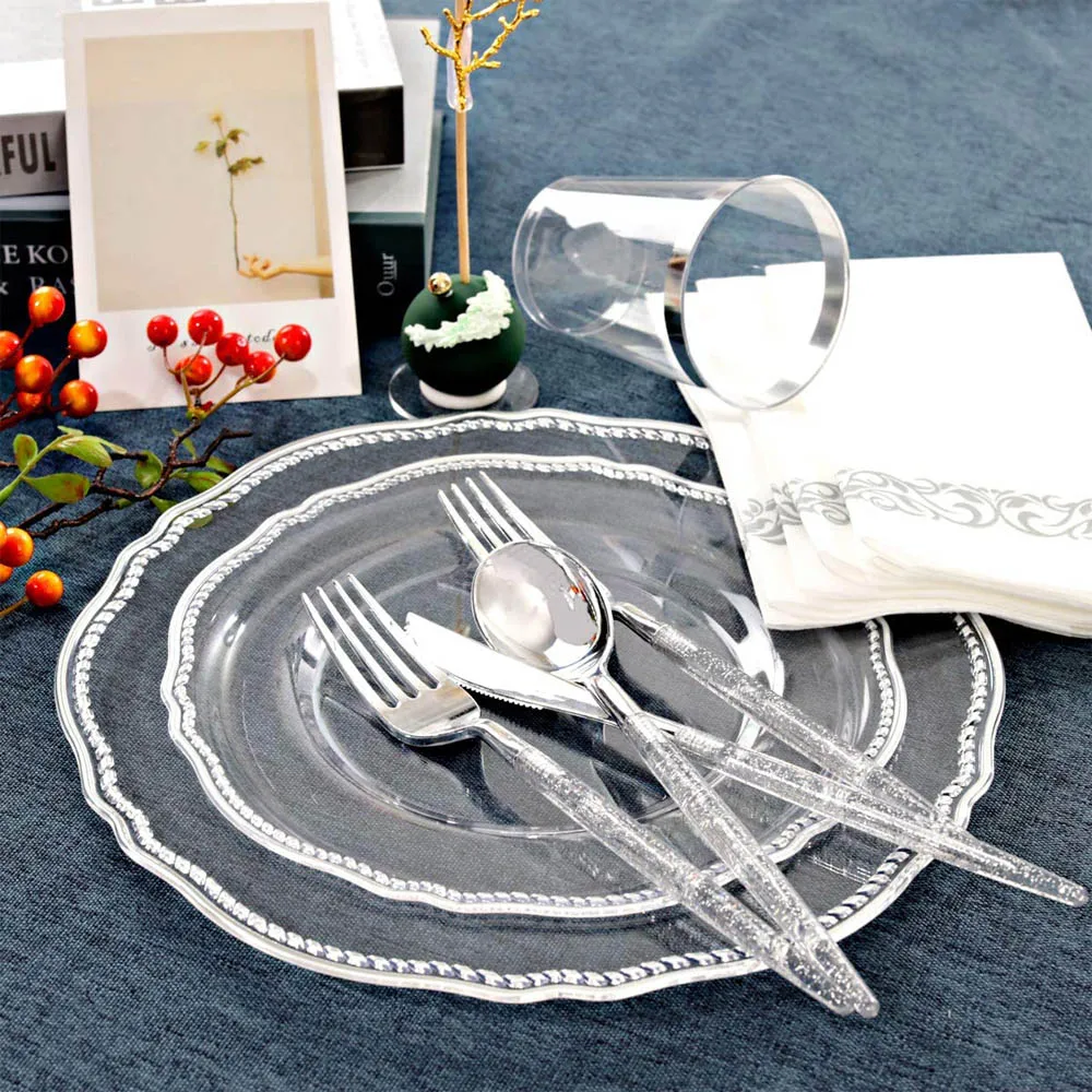85 Pieces of Disposable Party Tableware Transparent Golden Plastic Tray Set for Wedding Party Holiday Event Decoration
85 Pieces of Disposable Party Tableware Transparent Golden Plastic Tray Set for Wedding Party Holiday Event Decoration