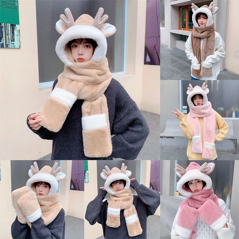 Pure Color Elk Plush Hooded Cap Scarf Gloves Pocket Earflap Hat 3 In 1 Soft Warm Faux Fur For Xmas Her Gift
Pure Color Elk Plush Hooded Cap Scarf Gloves Pocket Earflap Hat 3 In 1 Soft Warm Faux Fur For Xmas Her Gift