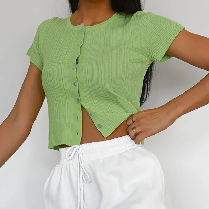 Short Sleeve Ribbed Button Up Top Shirts For Women 2021 O-Neck Slim Cotton Summer Tops Fashion Casual Cropped Knitted Tshirt XXL
Short Sleeve Ribbed Button Up Top Shirts For Women 2021 O-Neck Slim Cotton Summer Tops Fashion Casual Cropped Knitted Tshirt XXL