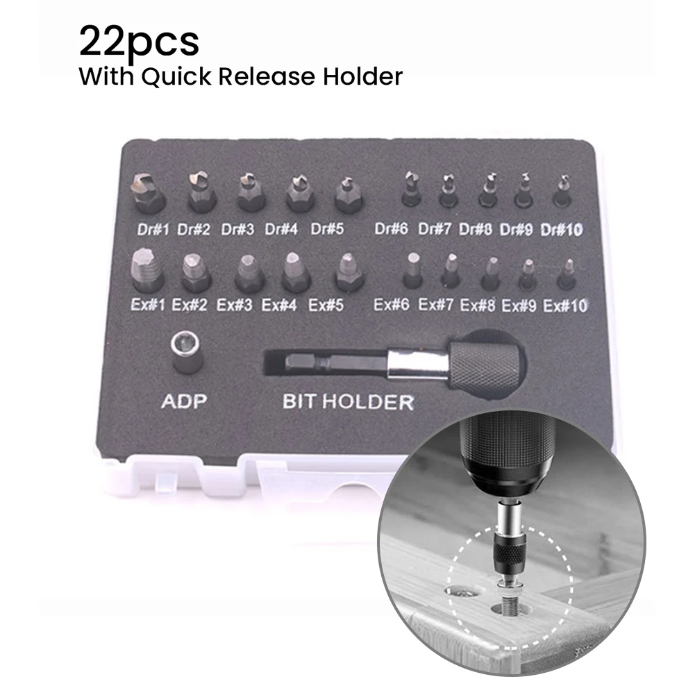 22pcs Damaged Screw Extractor Quick Change Broken Bolt Remover Drill Bits Set
22pcs Damaged Screw Extractor Quick Change Broken Bolt Remover Drill Bits Set