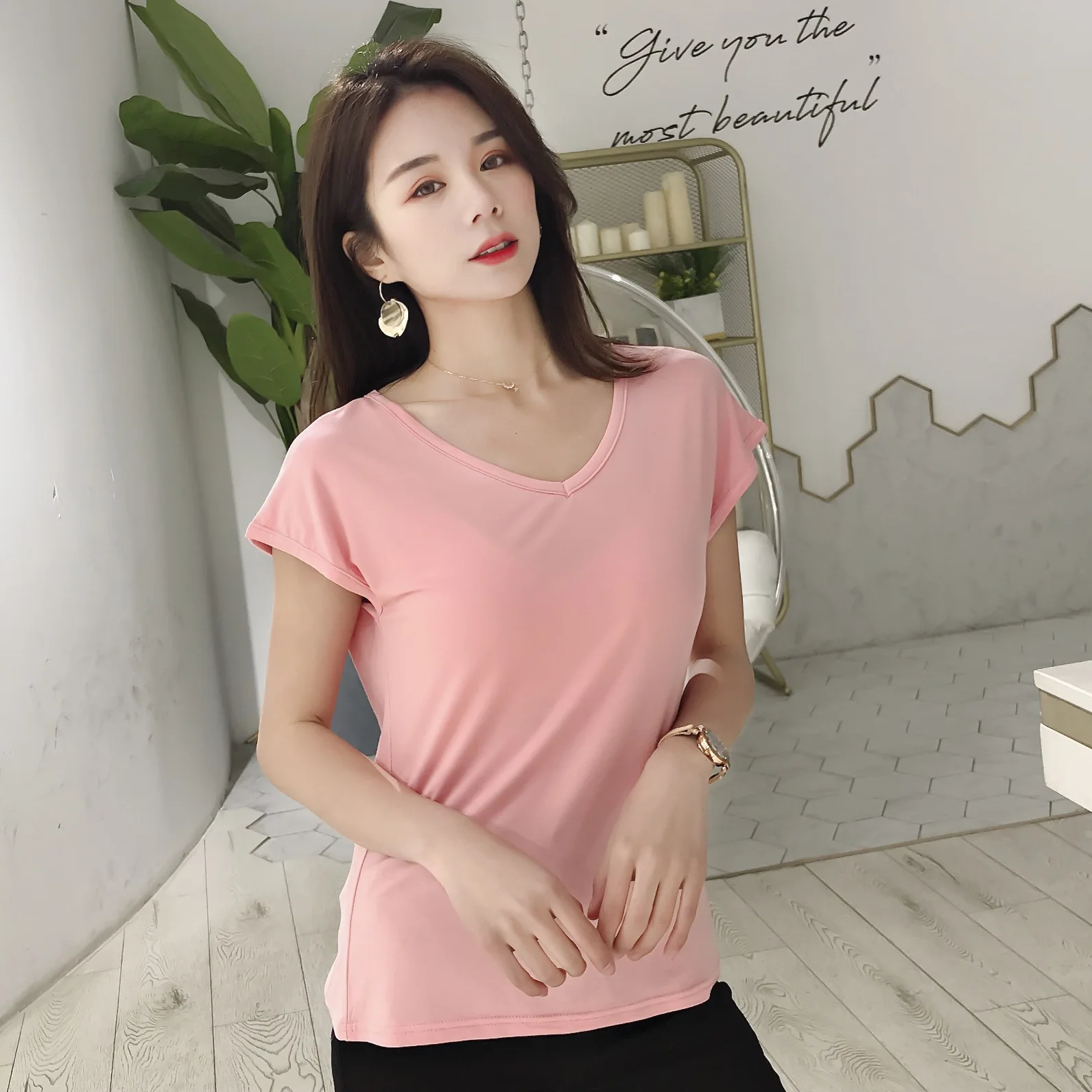 SHUCHAN Tshirt Women Cotton Modal Summer Casual V-Neck Solid Short Sleeve Tops for Women Streetwear Women Top 
SHUCHAN Tshirt Women Cotton Modal Summer Casual V-Neck Solid Short Sleeve Tops for Women Streetwear Women Top