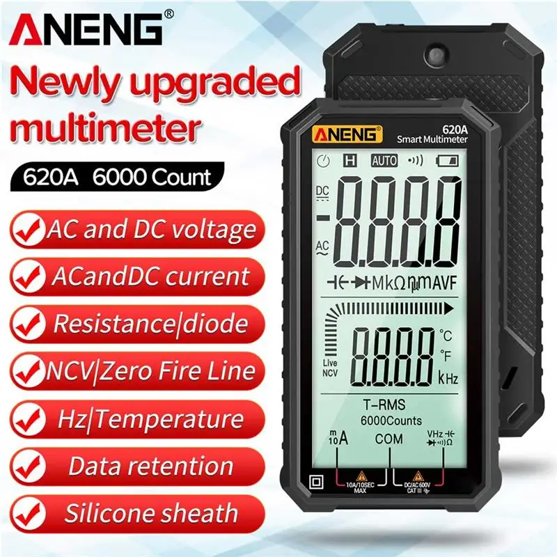 

ANENG Digital Multimeter 620A Transistor Testers 6000 Counts True RMS Auto Electrical Capacitance Meter Temp Resistance Measure