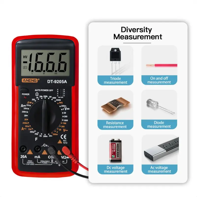 DT9205A hFE AC DC LCD Display Professional Electric Handheld Tester Meter Digital Multimeter Multimetro Ammeter Multitester
DT9205A hFE AC DC LCD Display Professional Electric Handheld Tester Meter Digital Multimeter Multimetro Ammeter Multitester