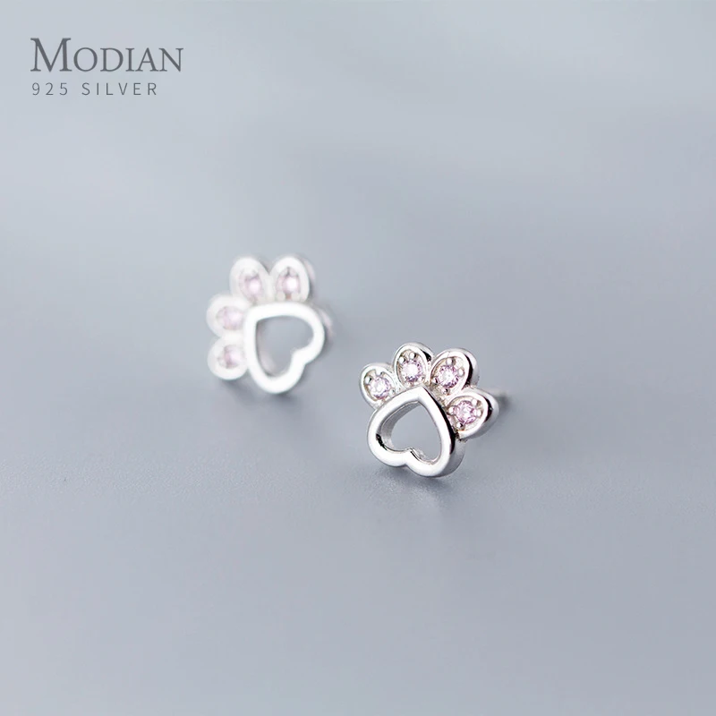 

Modian Cute Cat Paw Pattern Stud Earrings for Women And Girl Authentic 925 Sterling Silver Sweet Pink Zircon Fine Silver Jewelry