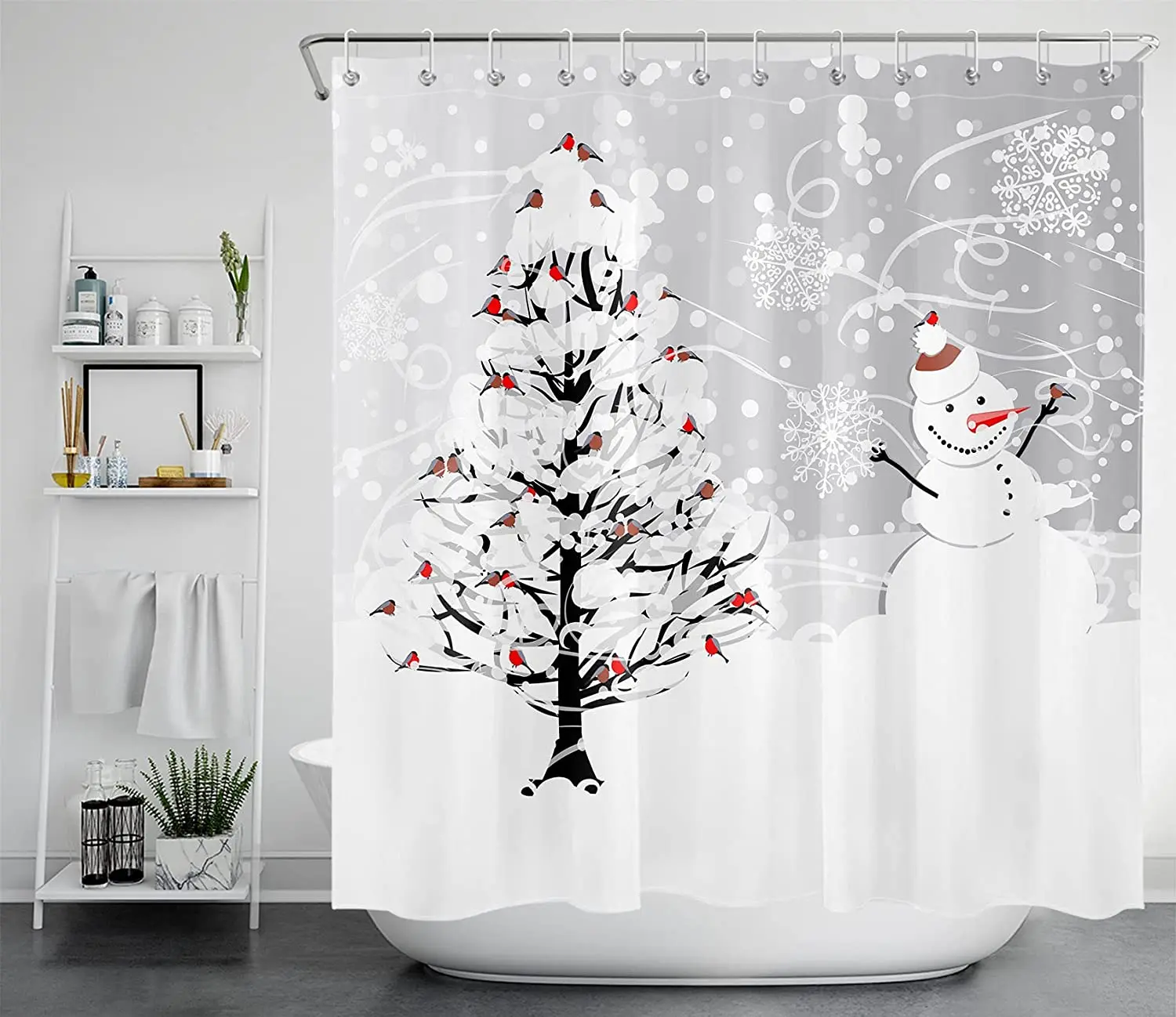 

Winter Holiday Merry Christmas Shower Curtains Snowflakes Cardinals Birds on Snowy Christmas Tree Cute Snowman Bathroom Decor