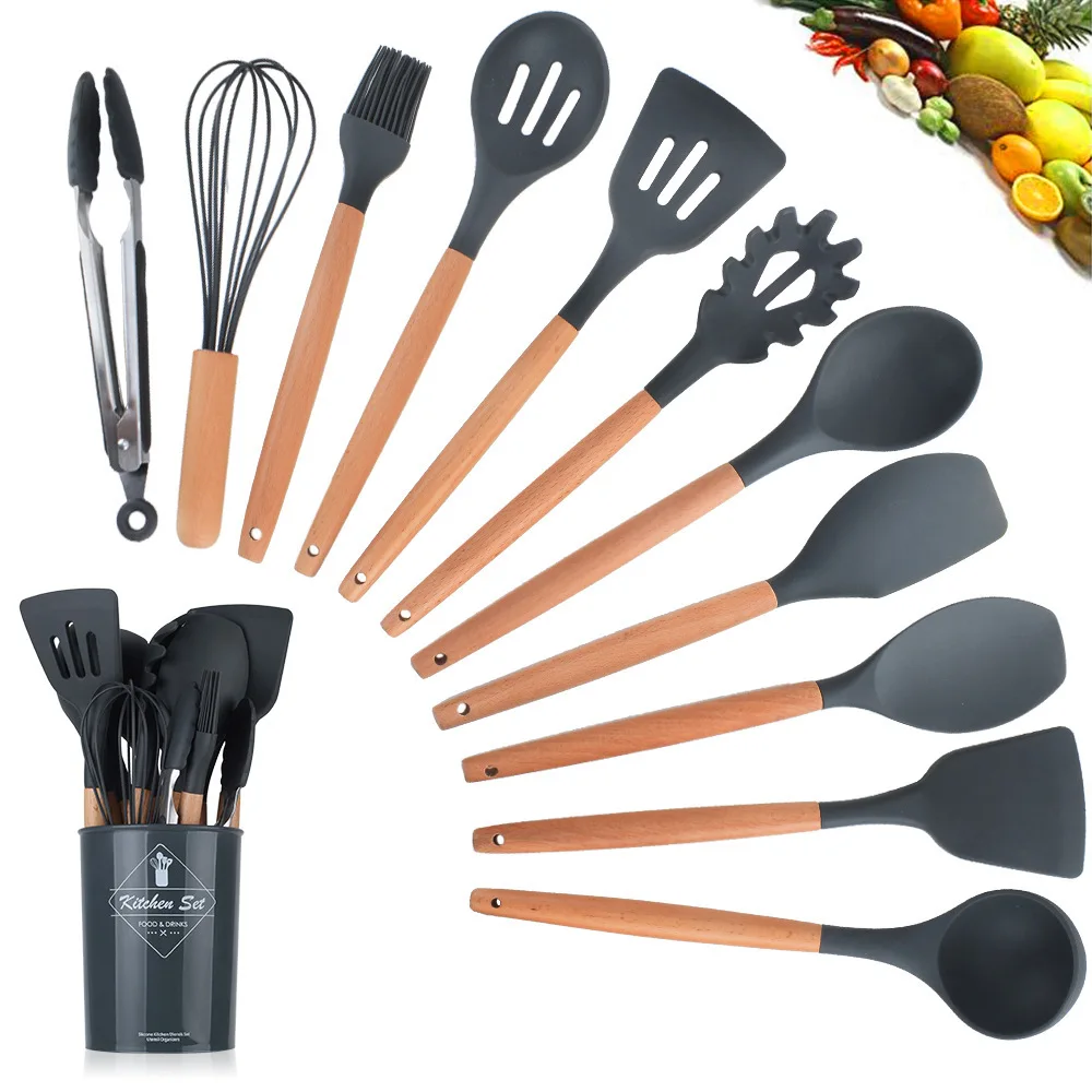 

11PCS Silicone Kitchen Utensil Set Cooking Utensil with Wooden Handles Utensil Holder for Nonstick Cookware Spoon and Spatula