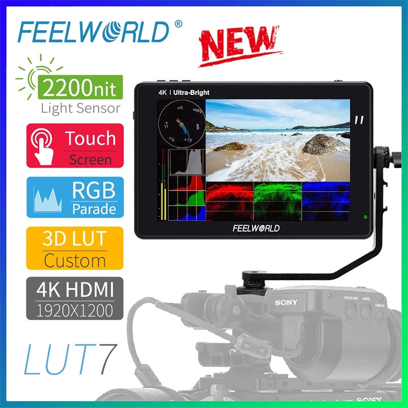 

7-дюймовый сенсорный экран FEELWORLD LUT7 3D LUT 2200nits для цифровой зеркальной камеры, полевой монитор с гистограммой векторскопа Waveform