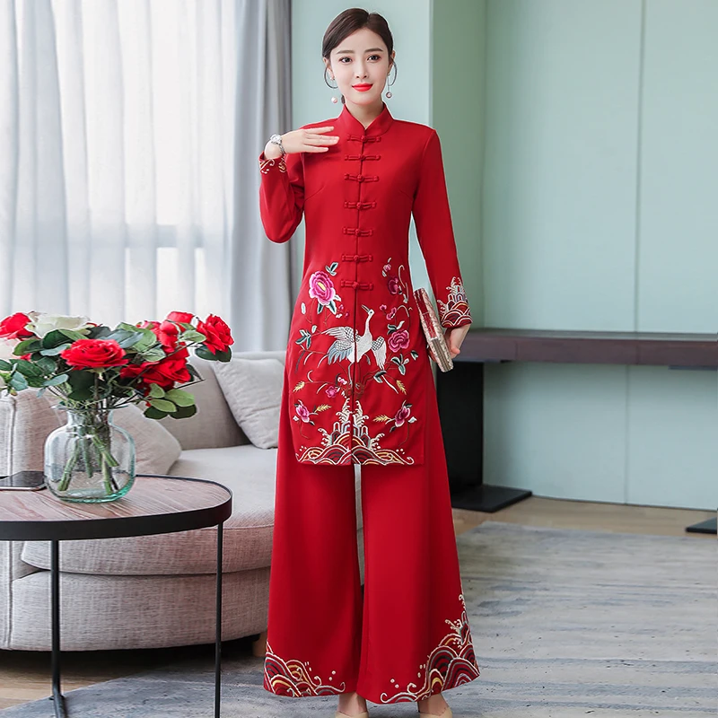 Осенняя Женская одежда из двух частей Cheongsam топ + широкие брюки с вышивкой