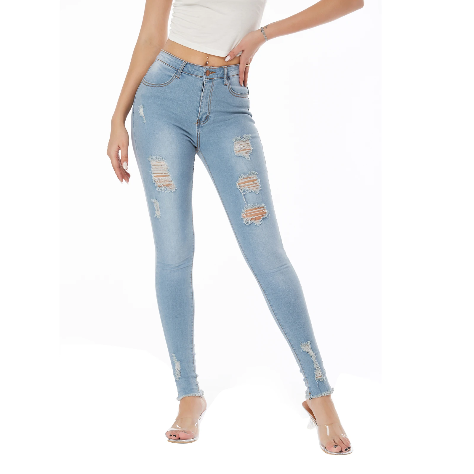 Light Blue Ripped Jeans for Women 2021 Street Style Sexy Mid Rise Distressed Trouser Stretch Skinny Hole Denim Pencil Pants
Light Blue Ripped Jeans for Women 2021 Street Style Sexy Mid Rise Distressed Trouser Stretch Skinny Hole Denim Pencil Pants