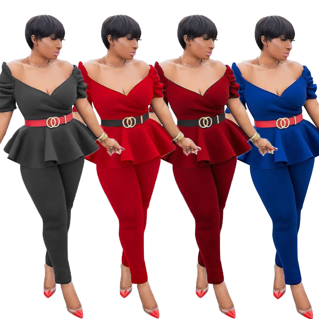 Summer Women Office Lady Outfits Two Pieces Sets Sexy V Neck Ruffles Short Sleeves Fashion Top and Skinny Pants Plus Size S-2XL
Summer Women Office Lady Outfits Two Pieces Sets Sexy V Neck Ruffles Short Sleeves Fashion Top and Skinny Pants Plus Size S-2XL