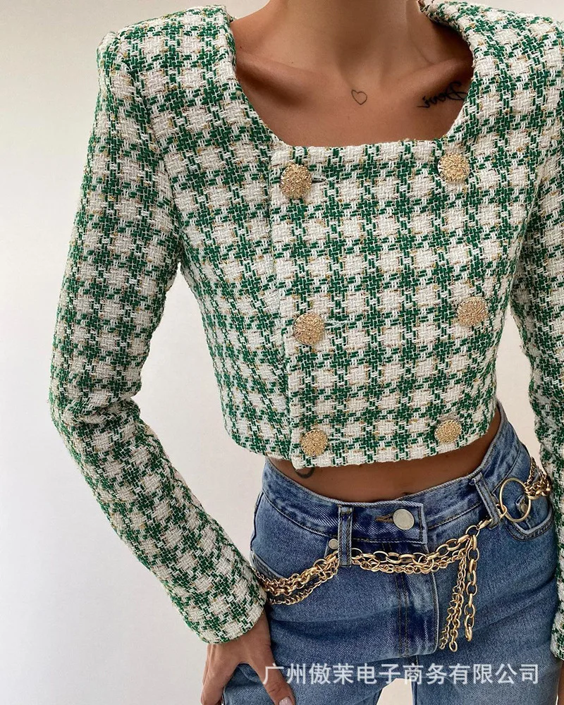 2021 autumn new women's long sleeve green checkered short sleeve long sleeve coat women's top
2021 autumn new women's long sleeve green checkered short sleeve long sleeve coat women's top