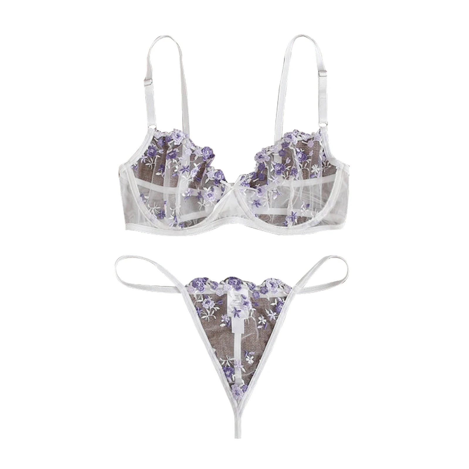 Women Sexy Mesh Lingerie Set, Floral Embroidery See Through Bra + Elastic Waist Panties for Summer
Women Sexy Mesh Lingerie Set, Floral Embroidery See Through Bra + Elastic Waist Panties for Summer