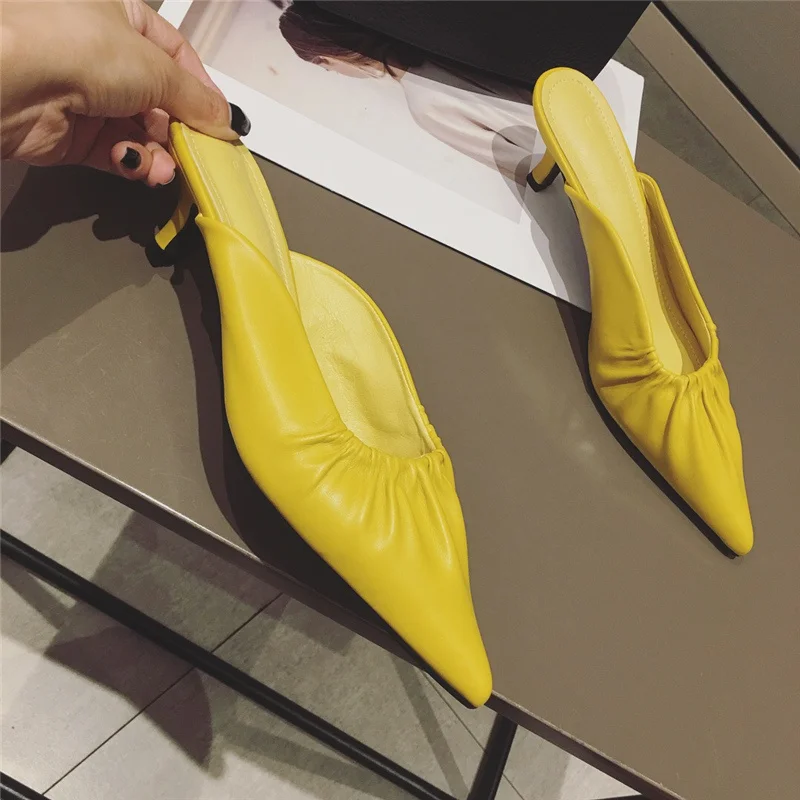 2020 Summer New Elegant Women Yellow Beige Low Heels Slides Mules Pointed Toe Slippers Designer Rose Red High Shoes | Обувь
